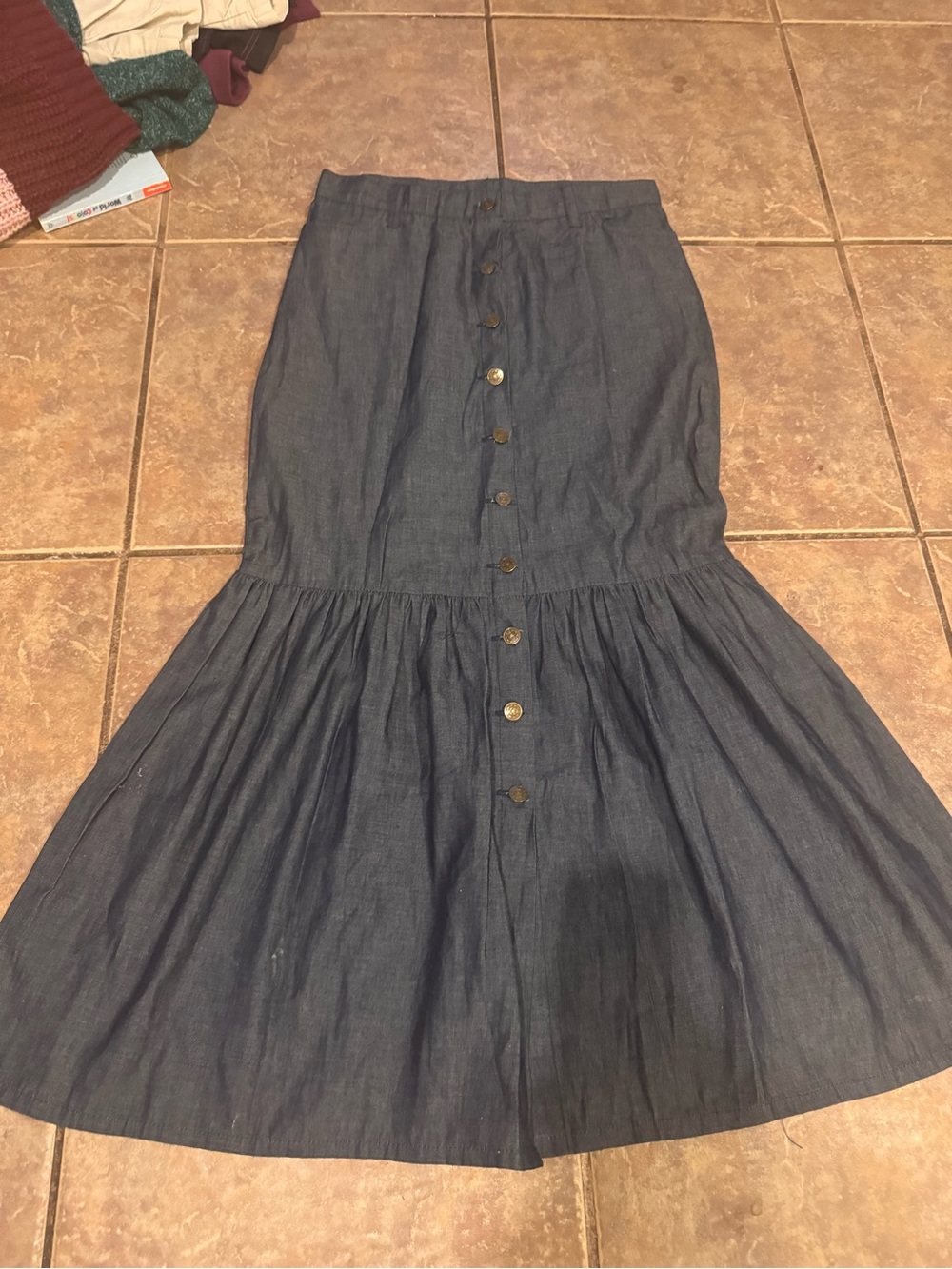 Dark Denim Maxi Skirt with Front Buttons